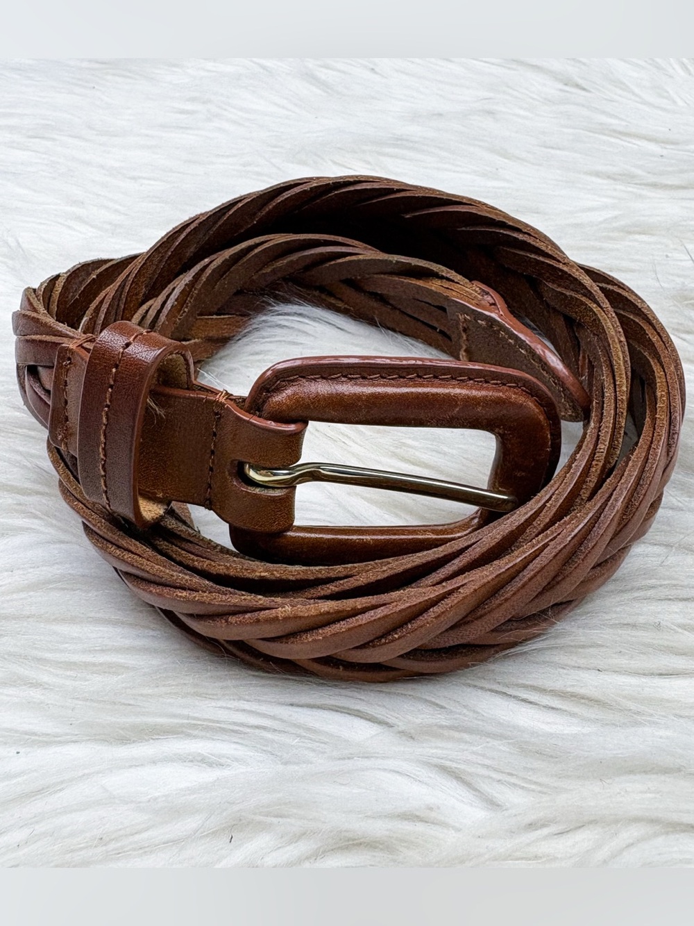 Vintage Braided Leather Woven Buckle Belt Cognac Tan Brown Preppy Womens Small